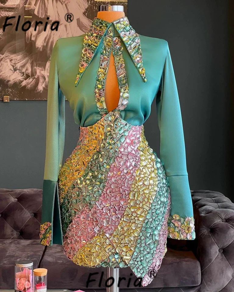 Conjunto de 2 piezas de costura, vestido de cóctel de manga larga con cuentas de cristal cosidas a mano, Top verde, joyas coloridas, piedras, Vestido corto de Graduación