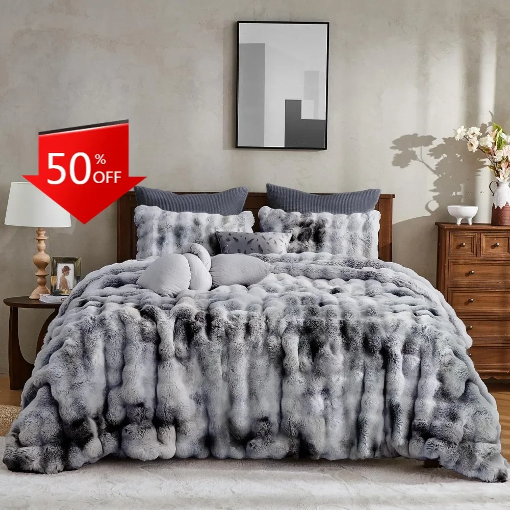 

Роскошный серый плюшевый комплект одеял из кроличьего меха с принтом тай-дай для уютного постельного белья