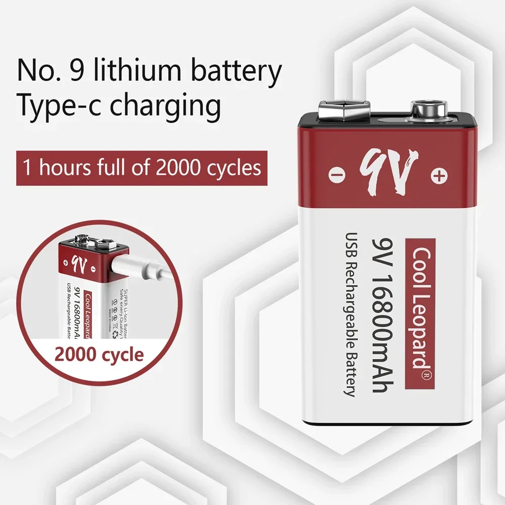 NEW High Capacity 9V Lithiumion Rechargeable Battery Type-C USB Battery 9Volt Multimeter Lithium Microphone Metal Detector+Cable