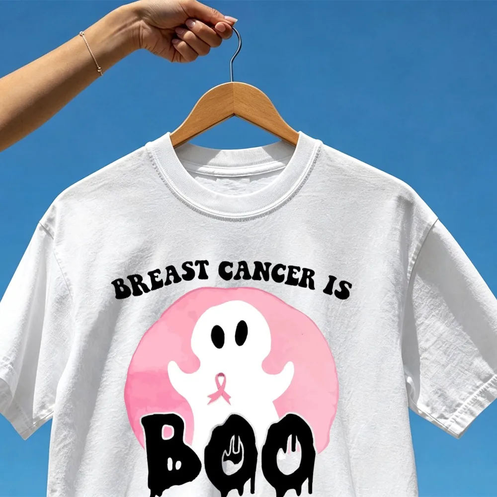 Breast Cancer Is Boo Sheet Funny Ghost Pink Ribbon Lovers Graphic T-Shirt Short Sleeve Cotton Halloween Support Men Women Tee