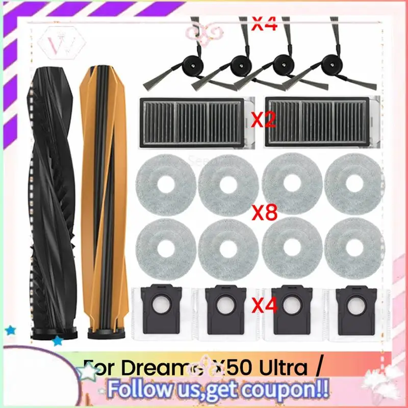 

Комплект аксессуаров A50F-20PCS: основная и боковые щетки, HEPA-фильтр, мешок для сбора пыли, насадки для пылесосов Dreame X50 Ultra / S40 Enhanced Edition
