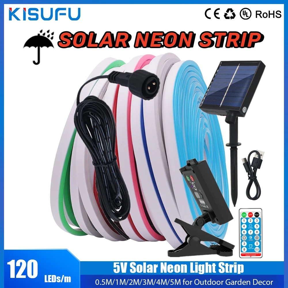 

5V Solar Neon Light Strip with Remote 2835 IP67 Waterproof 120Leds/m Flexible LED Neon Light Red Blue for Outdoor Garden Decor