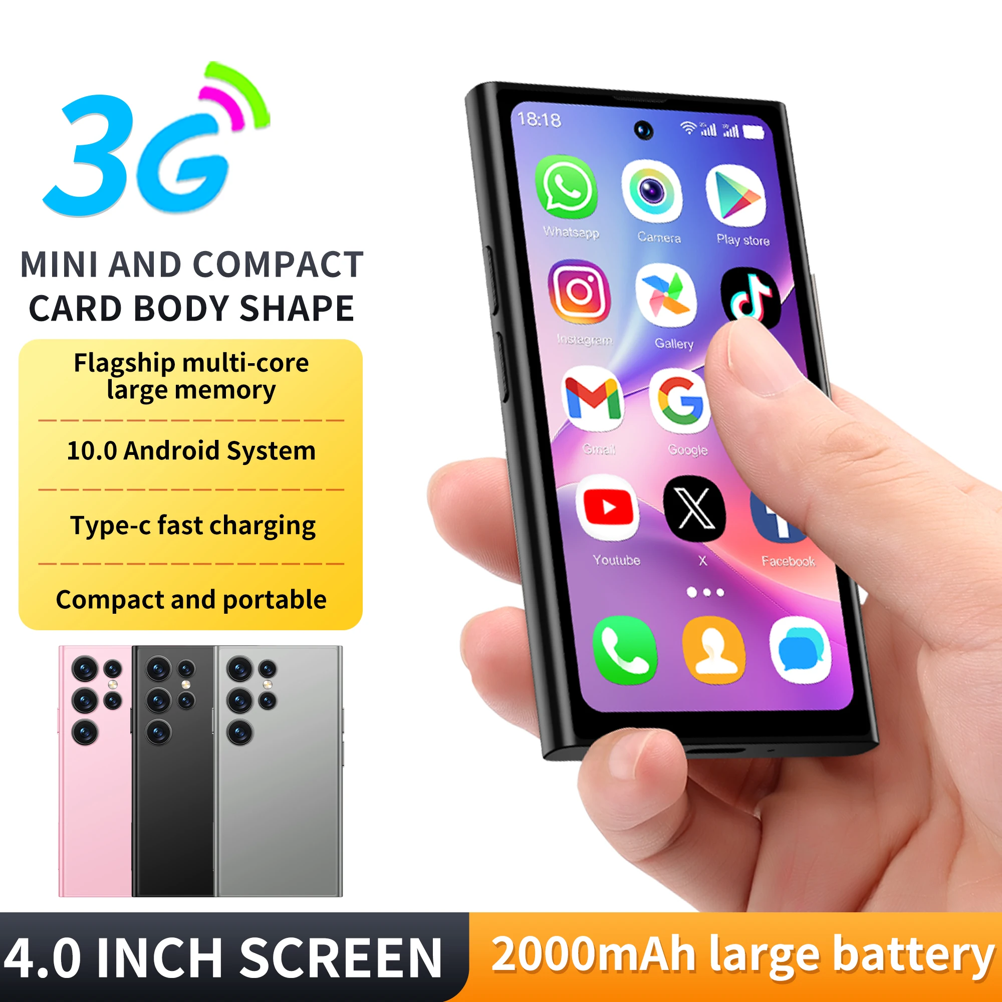 SERVO S27 هاتف ذكي صغير نظام أندرويد 2GB + 16GB ذاكرة 2 SIM Stanbdby Face Unlock WiFi 4.0 "شاشة كاملة هواتف صغيرة 3G WCDMA