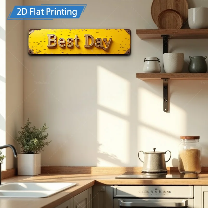 [2D FLAT] قطعة واحدة من اللافتة المعدنية، 4 × 16 بوصة أصفر ريفي "أفضل يوم" لوحة فنية جدارية معدنية لديكور المنزل