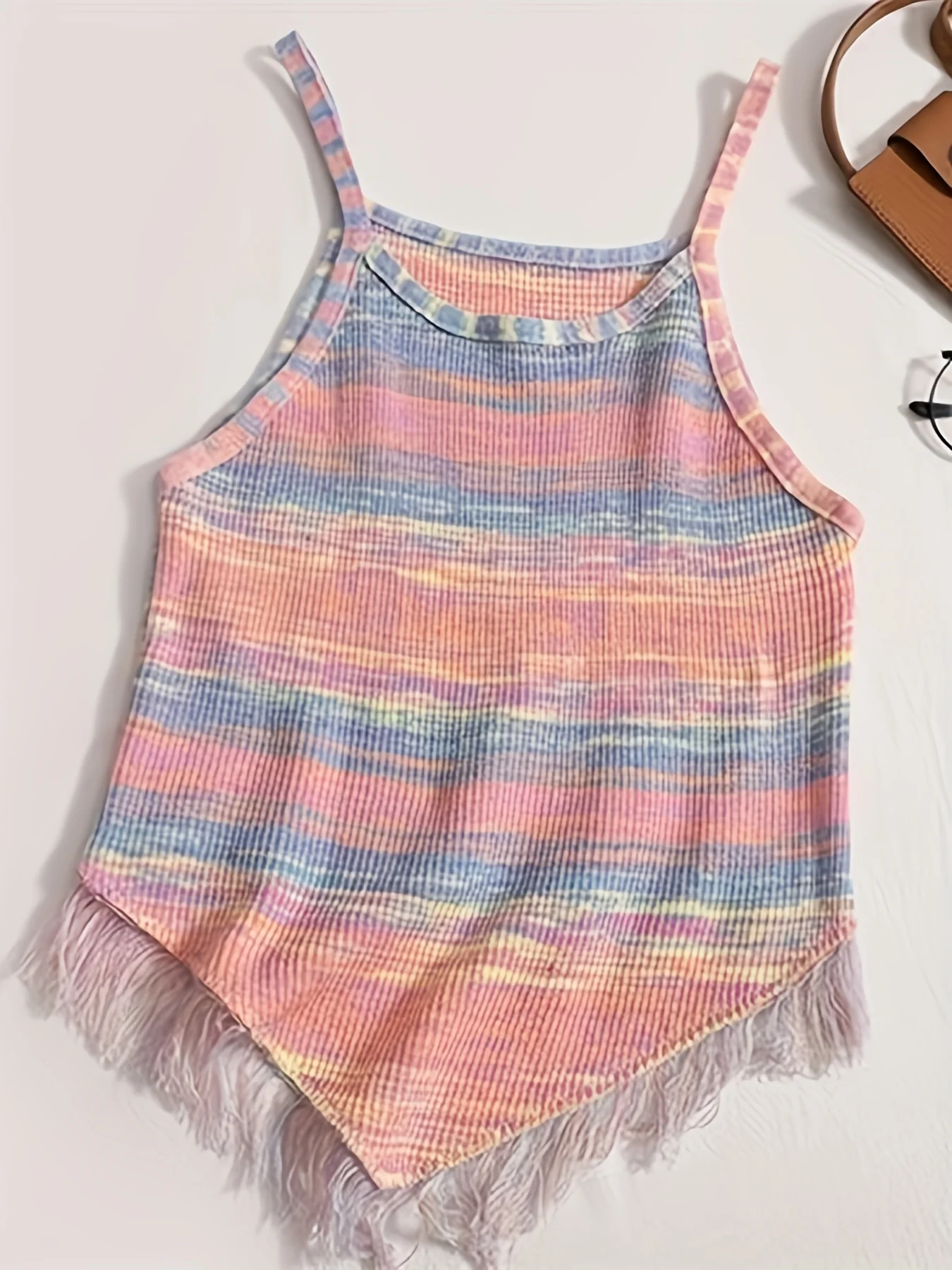 2024 Summer Tie Dye Tassel Spaghetti Strap Top Cute Hanky Hem Sleeveless Cami Top For Summer  Women\'s Clothing Crop Top Pink