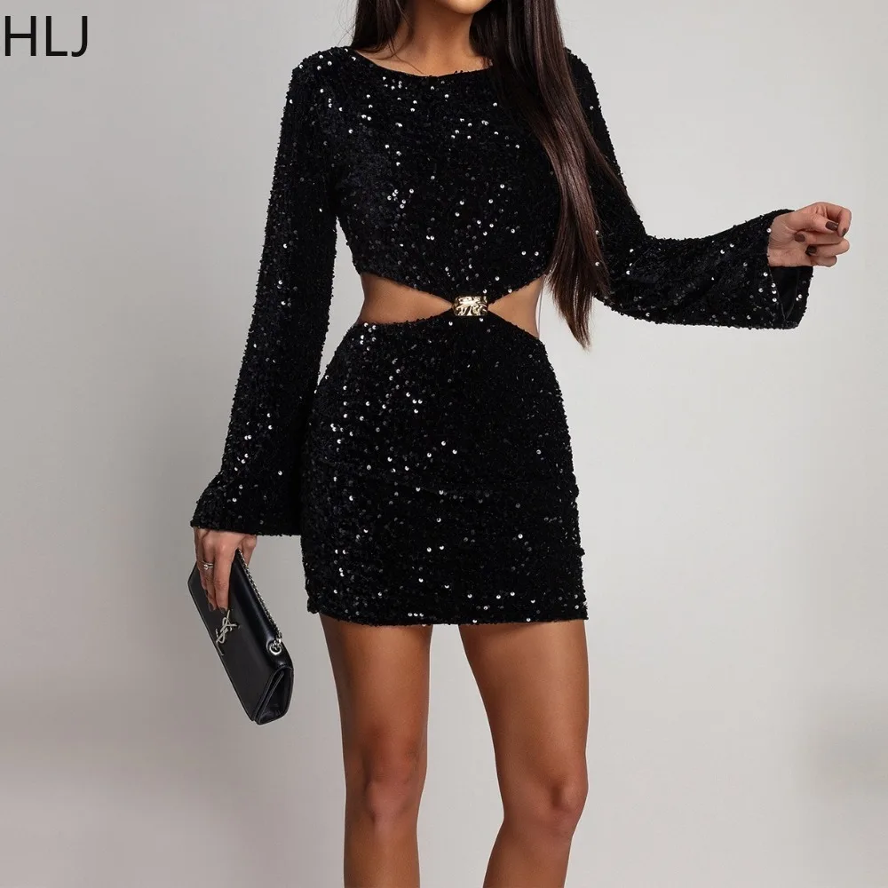 

HLJ Sexy Sequin Patchwork Bodycon Dresses Women Solid Color Hollow-out Long Sleeves Dress Female Party Clubwear Vestidos New