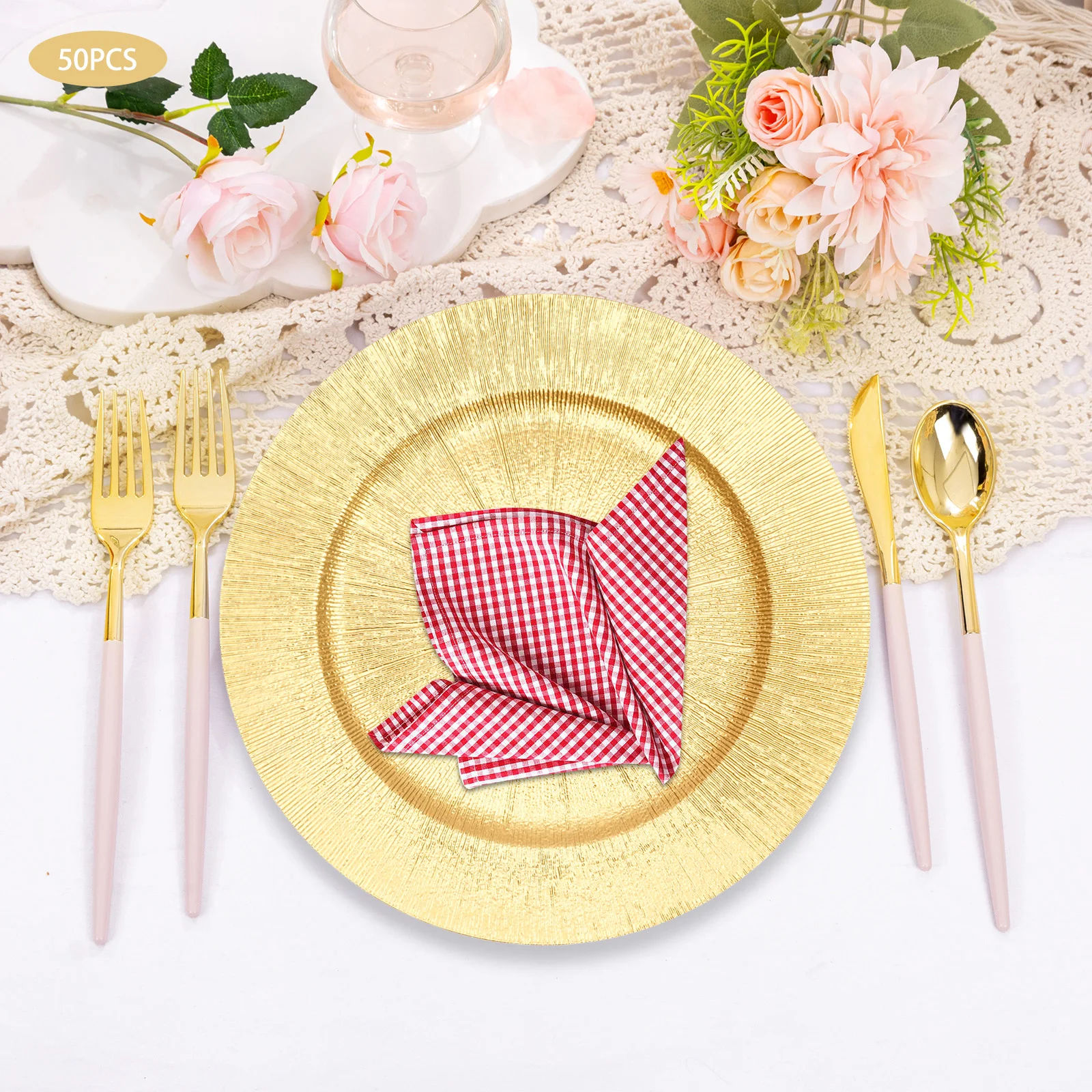 

50-Piece PP Round Charger Plates - Reusable Serving Plates for Wedding Banquet Hotel - Sturdy Durable Fade-Resistant