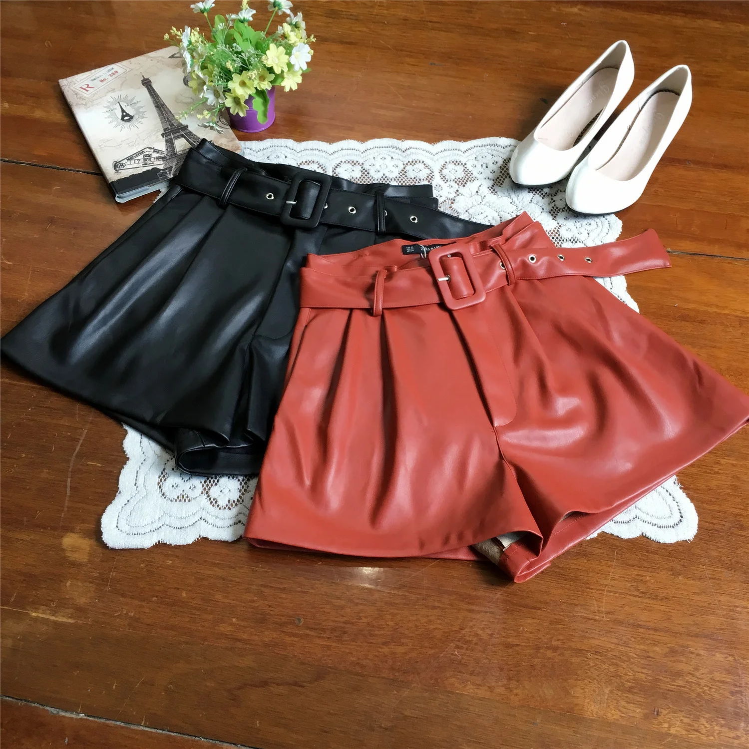 Sheepskin Texture PU Leather Wide Leg Leather Shorts Women's 2023 New Style Trousers Spring High Waist A-shaped Short Bottoms