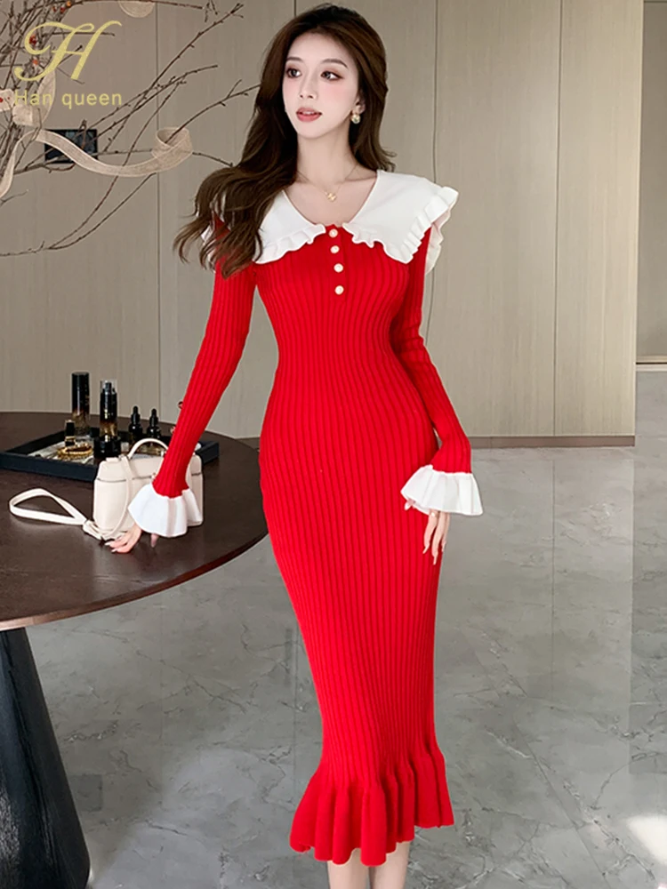 H Han Queen High Waist Ruffled Maxi Dresses For Women Autumn Winter Knitted Long Dress Elastic Bodycon Vintage Dress Woman Retro