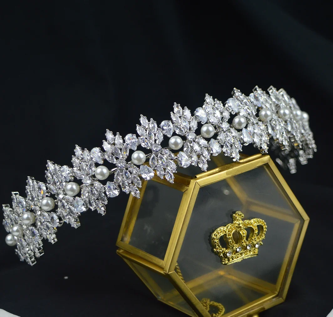 

Luxury Bridal Headband Wedding Headpiece Zircon Pearl Princess Bride Tiaras Crowns For Women Diadem Party Hair Jewelry Headdress
