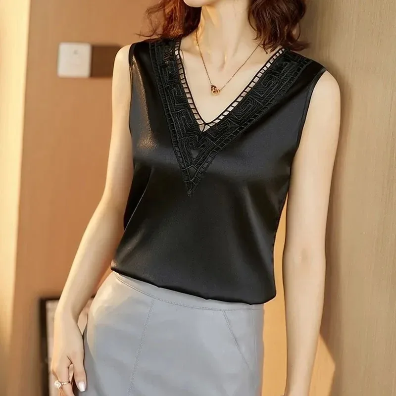 Loose Silk Tops for Women, Korean Lace V-Neck, Elegant Satin Blouses, Loose Clothes, Summer Fashion, New, 13731