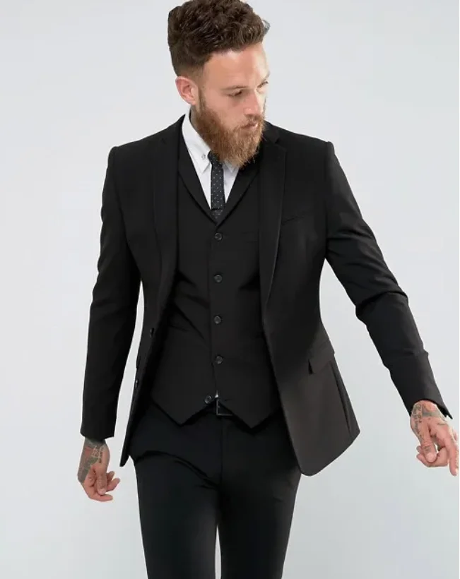 Ternos Slim Fit Groomsmen dos homens, smoking de casamento, Blazers baratos de grife, terno formal, calças jaqueta, preto, 3 peças