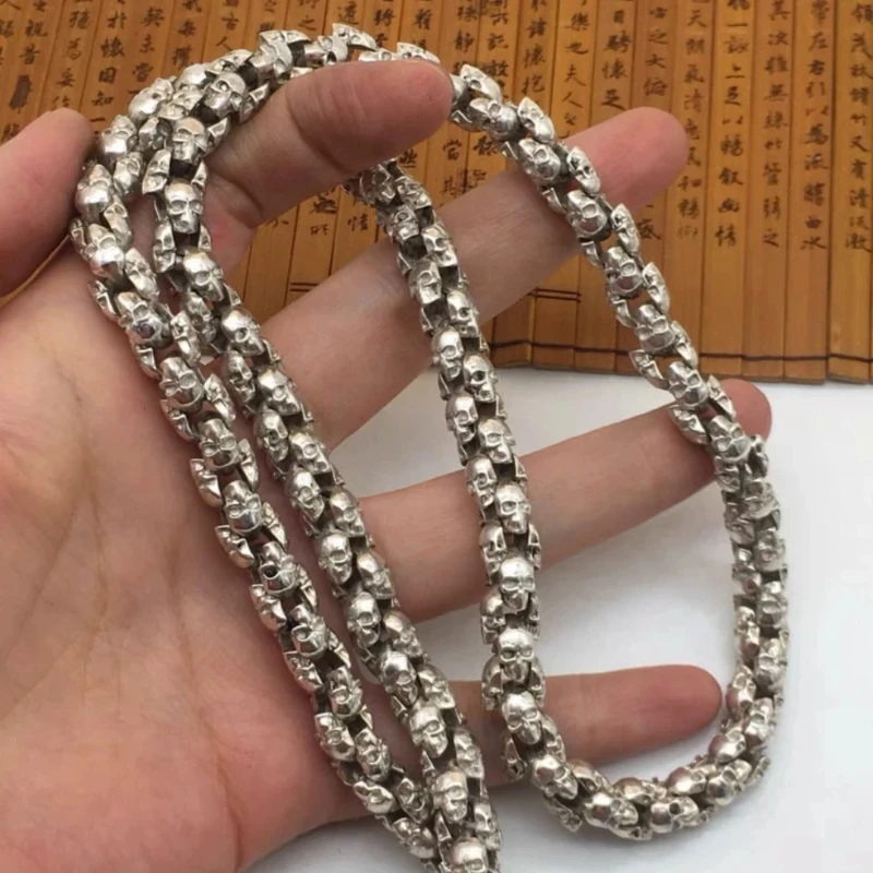 

Chinese Collectible Vintage Silver Necklace - Handmade Skull Design with Ethnic Style for Luck-Bringing, Silver Necklace Jewelry