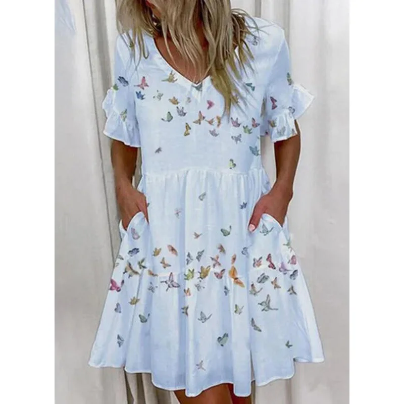 

2026 New Fashion Printed Ruffle Dresses Women Summer Casual Loose Vacation Pocket V-neck Short Sleeve Mini Dress For Women