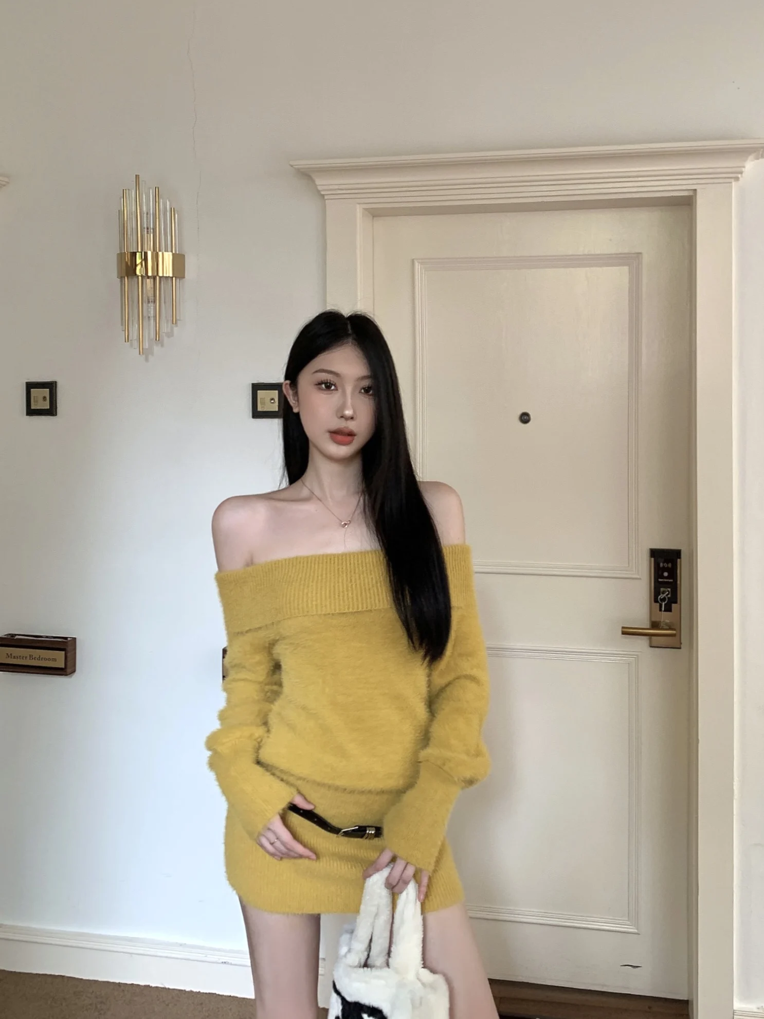 

Sexy One-oulder Knitted Woolen Dr Mid-Length Faux Fur Wrap around Skirt Long Sve Autumn Winter Casual Wear for Women