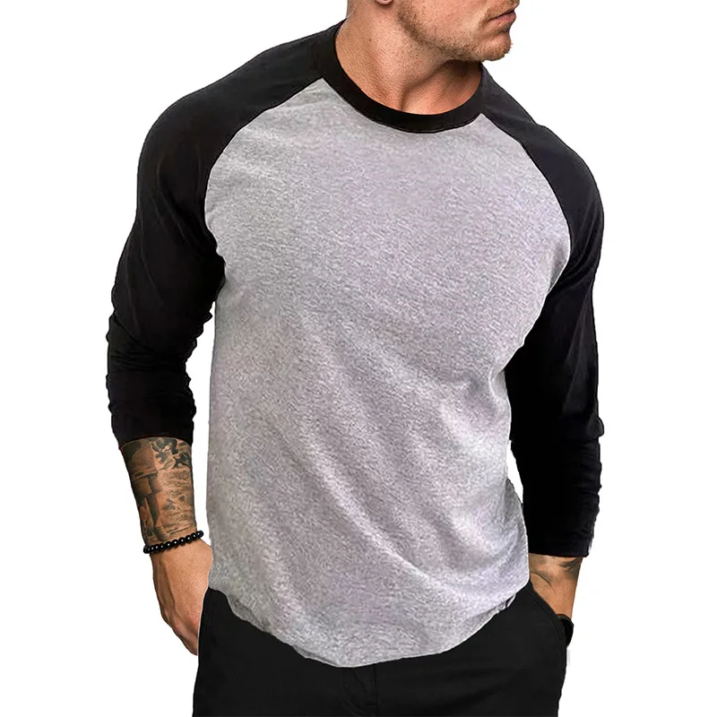 New Casual Fashion Long Sleeves T Shirt Men Spring Autumn Patchwork Gym Clothing Fitness T-shirt Sports Raglan Sleeves Tshirt