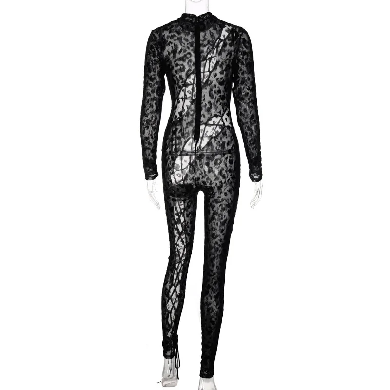 Sexy Damenkleidung Leoparden-Muster Mesh-Jumpsuit mit Langen Ärmeln, Kreuzschnürung, Cut-Outs, Durchsichtiger Nachtclub-Party-Bodysuit – Detail 7