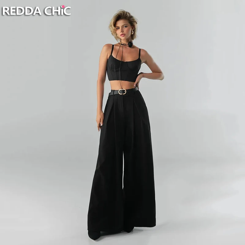 

REDDACHiC Плиссированные широкие классические брюки с карманами Унисекс Чистая посадка Повседневные однотонные черные брюки для офисной работы Женская одежда