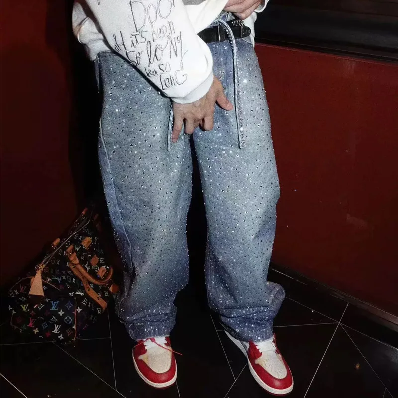 

Мужские широкие брюки, джинсы, винтажные свободные брюки, прямые джинсы со средней талией, на шнуровке, с бриллиантами, карманами, стираная уличная одежда 2025 г.