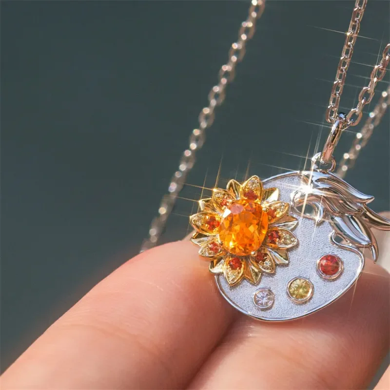 French Luxury Style Silver Color Multi Layer Imitation Orange Gemstone Three-dimensional Sunflower Color Palette Zircon Necklace