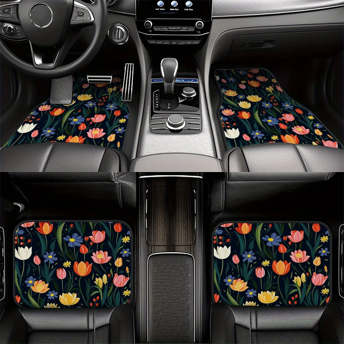 Set Of 4 Flower-Themed Car Floor Mats - Bright Tulip Pattern, Suitable For Cars, Trucks, And Suvs - Ideal Present For Christmas,