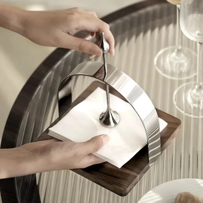 Stainless Steel Tissue Holder, Walnut Wood, Vertical Square Metal Tissue Holder, Western Restaurant Specific Napkin Holder