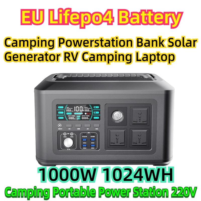 

EU Lifepo4 Battery Camping Powerstation Bank Solar Generator RV Camping Laptop 1000W 1024WH Camping Portable Power Station 220V