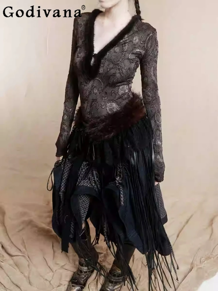 

Spring Autumn Retro Three-dimensional Cashew Jacquard V-neck Slim One-piece Top Fashion Girls Gothic Long Sleeve Coffee Tops