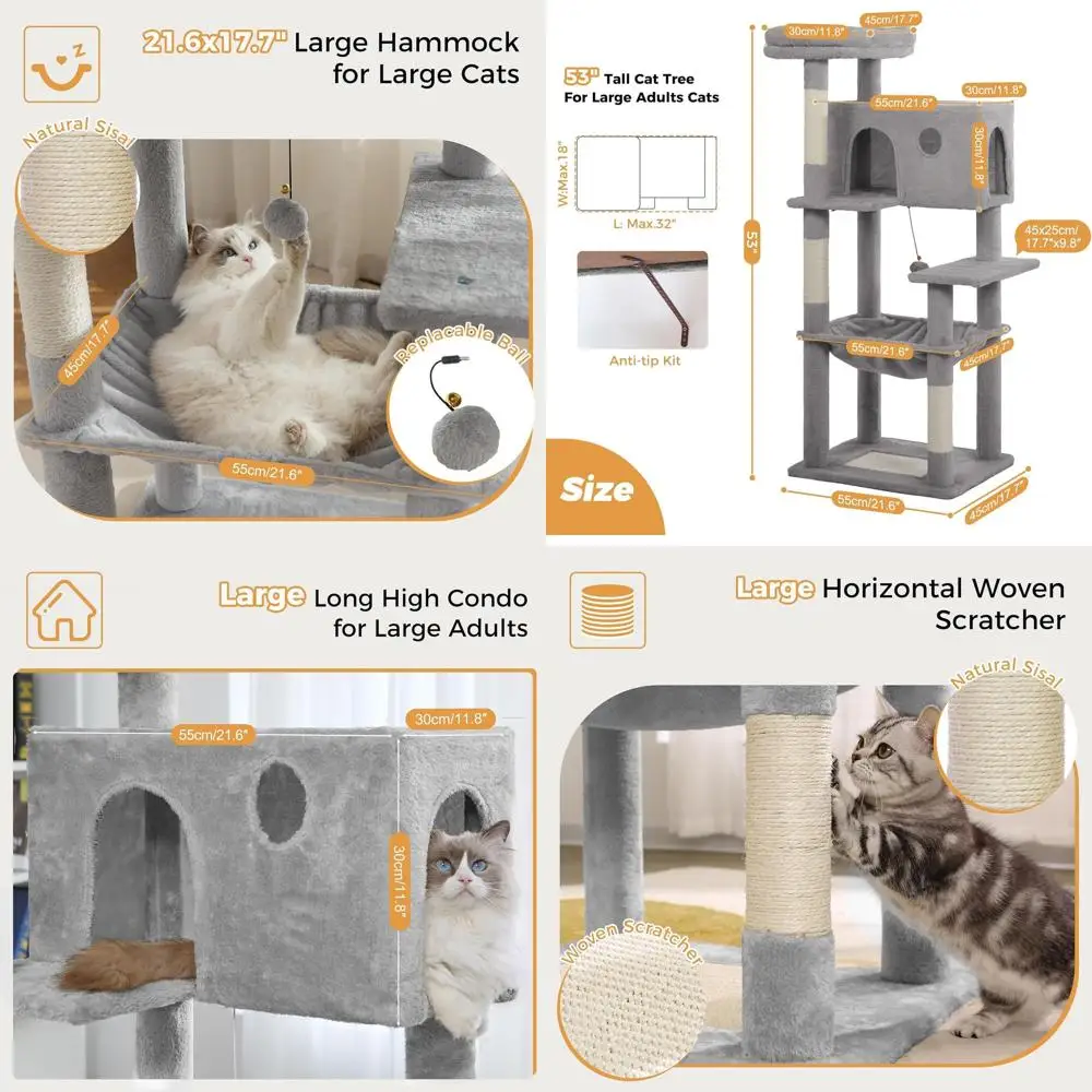 

Large Gray 54 Cat Tree with XL Hammock, Scratching Posts, Top Bed, Condo House, and Detectable Ball for Indoor Cats
