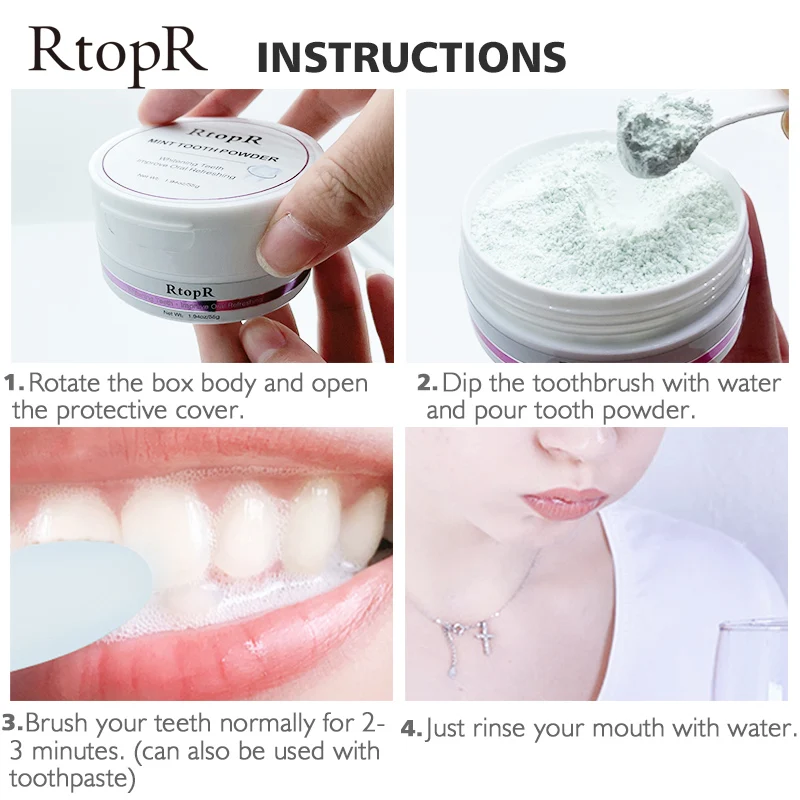 RtopR – dentifrice à la menthe, poudre blanchissante, nettoyage des dents, soins buccaux, élimination de la Plaque dentaire, extrait de menthe poivrée, 55g