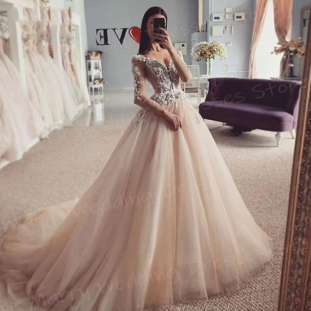 2024 Exquisite Gorgeous A Line Women's Wedding Dresses Pretty Lace Appliques Bride Gowns Long Sleeve Princess Vestidos Femenino