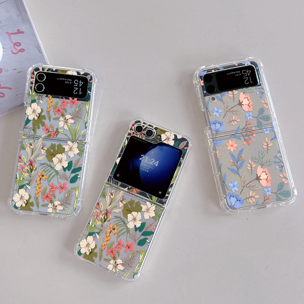 Luxury Flowers Phone Case for Samsung Galaxy Z Flip 6 5 ZFlip 4 3 Fold4 5G Soft Anti-fall Camera Lens Protection Rear Cover