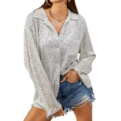 Fashion Sexy Sequin Shirt Women Casual Loose Long Sleeve Lapel Vintage Blouse Women Clothing Temperament Ladies Top Blusas