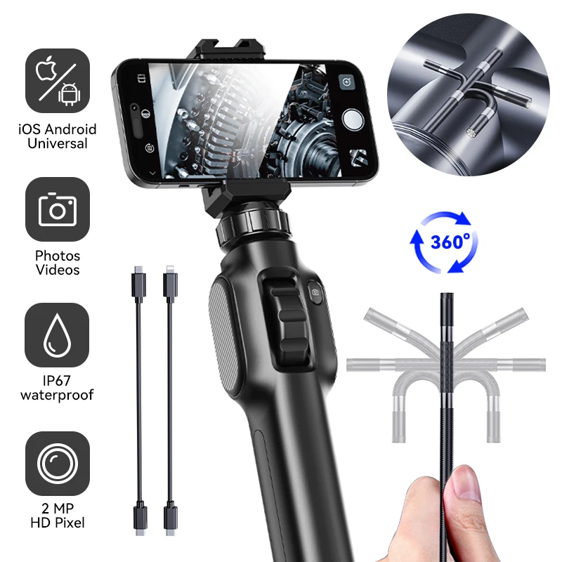 Type-C 360° Two-Way Rotary Articulating Endoscope Camera HD 1080P Car Inspection Industrial Endoscope With 8 LED For IOS Android