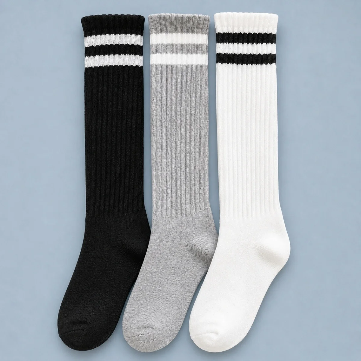 3 Pairs of Black/White/Grey Women's Calf Socks, Slouch Socks with Two Stripes, Breathable, Comfortable, Soft, Skin-Friendly, Moisture-Wicking, Korean Style, Gentle, Elegant, Versatile, Casual, Suitable for Students, Spring, Summer, Autumn, Winter