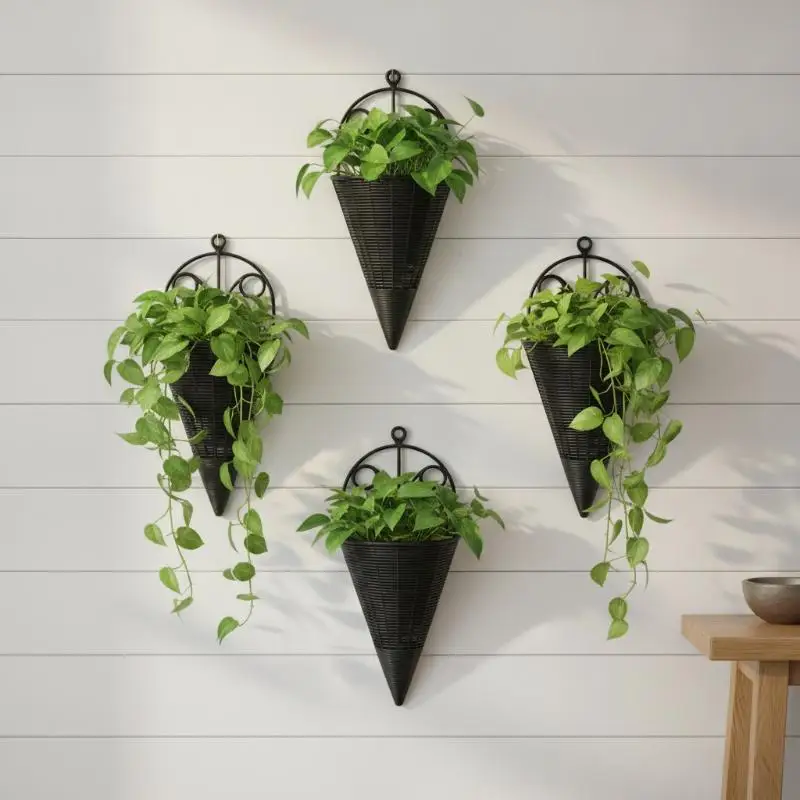Hanging Cone Wall Planter Basket Waterproof Imitation Rattan Multi Color for Outdoor Garden Yard Hanging Decor