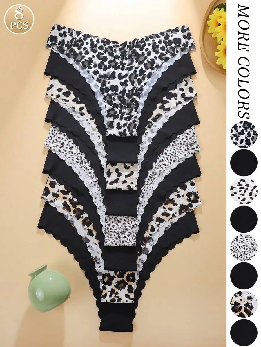 

8pcs Women Seamless Leopard Print And Solid Color Wavy Trim Triangle Panties