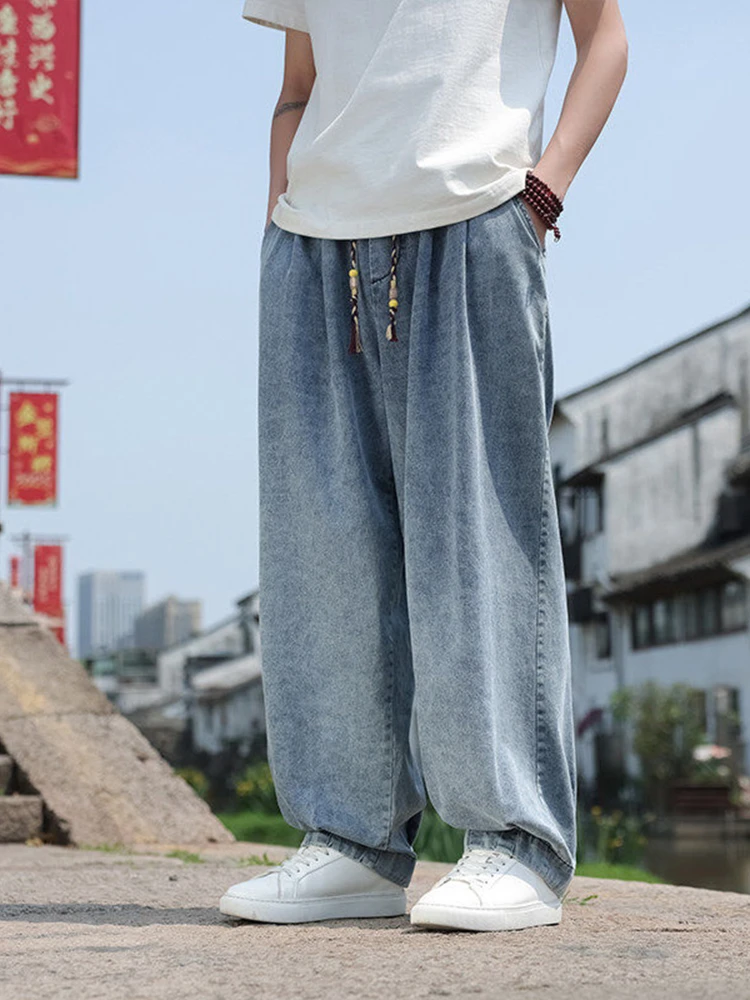 

Мужские повседневные брюки свободного кроя, дышащие, летние, новые, модные, прямые, тонкие, из смесового хлопка и полиэстера, удобные, в стиле Харадзюку