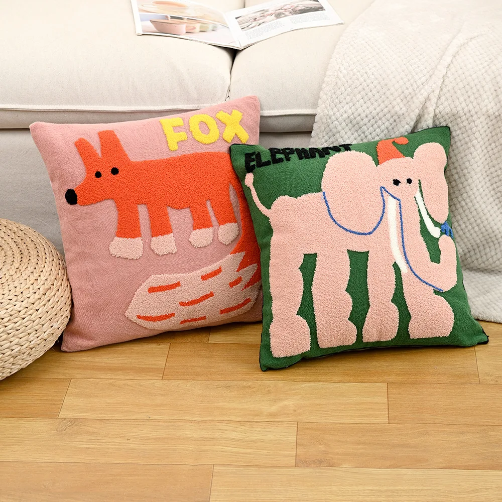 Nordic Cartoon Animal Embroidered Cushion Cover Home Decor Living Room Sofa Pillow Cover Cotton Canvas Firm Texture Pillow Case
