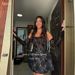 Qanz Sexy  Prom Dresses Removable Long Sleeves Black Lace Vestidos De Festa Short Corset Event Birthday Party Gown Customized