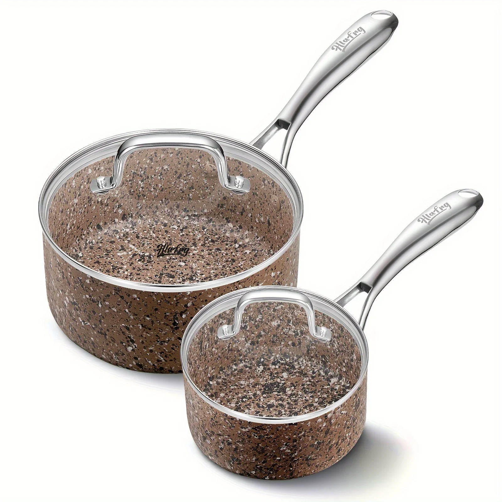 HLAFRG 1 Quart and 2 Quart Nonstick Sauce Pan Set with Lid, Multipurpose Soup Pots Set, Stainless Steel Handle (Brown Granite)