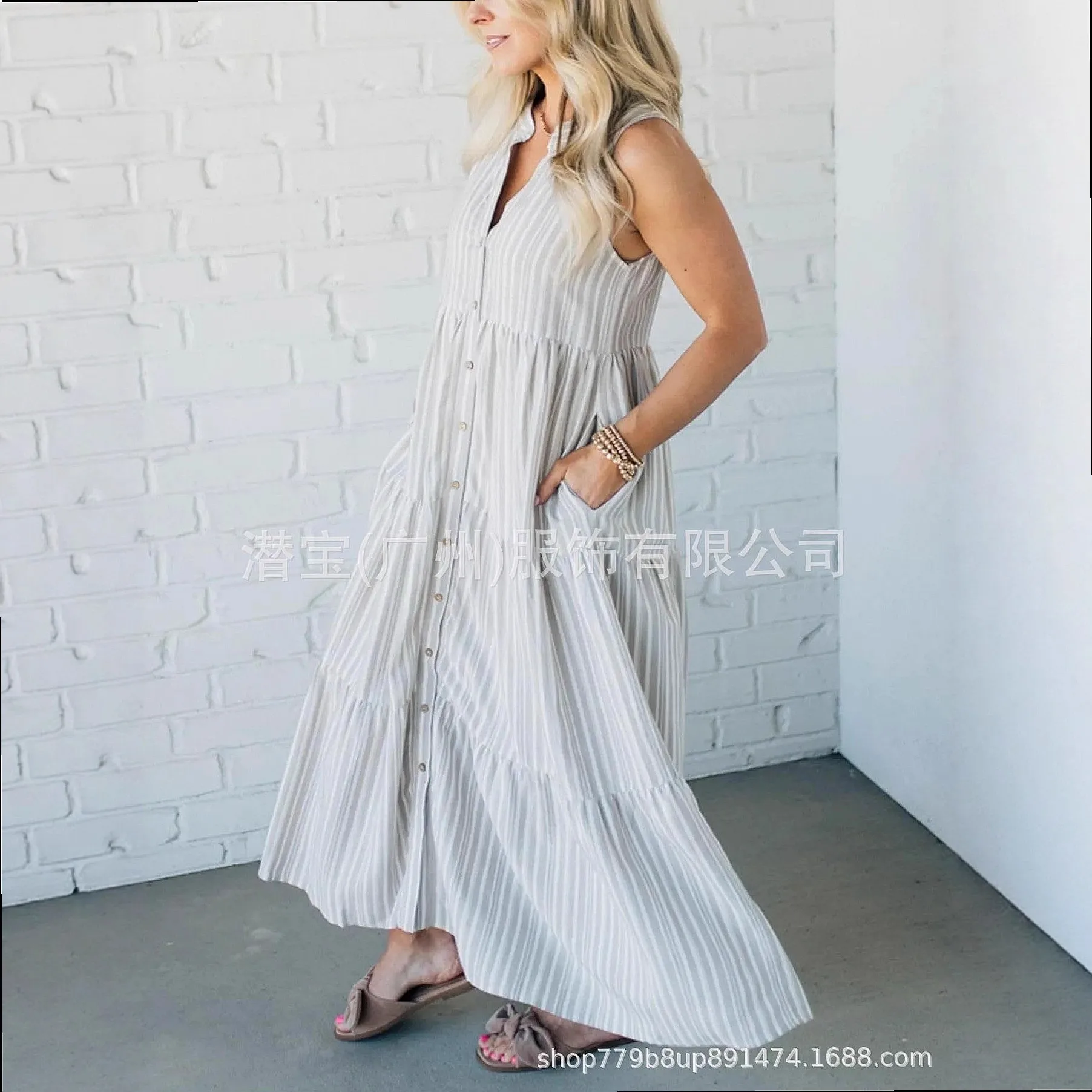 Striped Print V Neck Sleeveless Flared Tiered Smocked Dress for Women Spring Summer Dresses