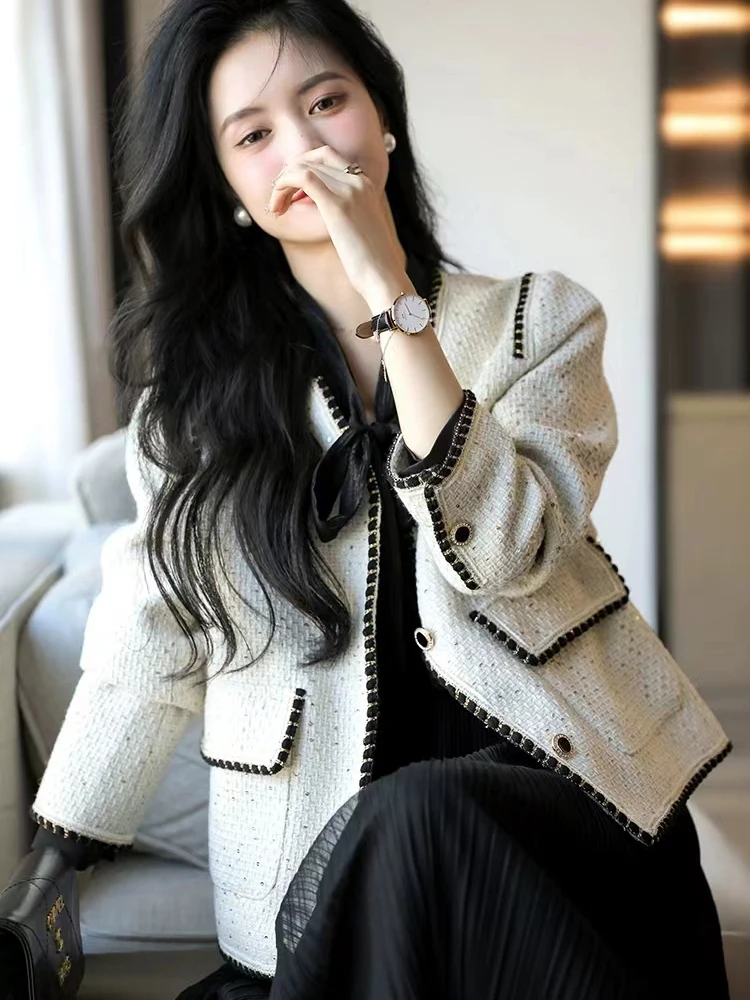 Zoki Chic Sequins Tweed Jackets Women Casual Long Sleeve Elegant Coat Korean Fashion Design Sweet Female All Match Tops Outwear