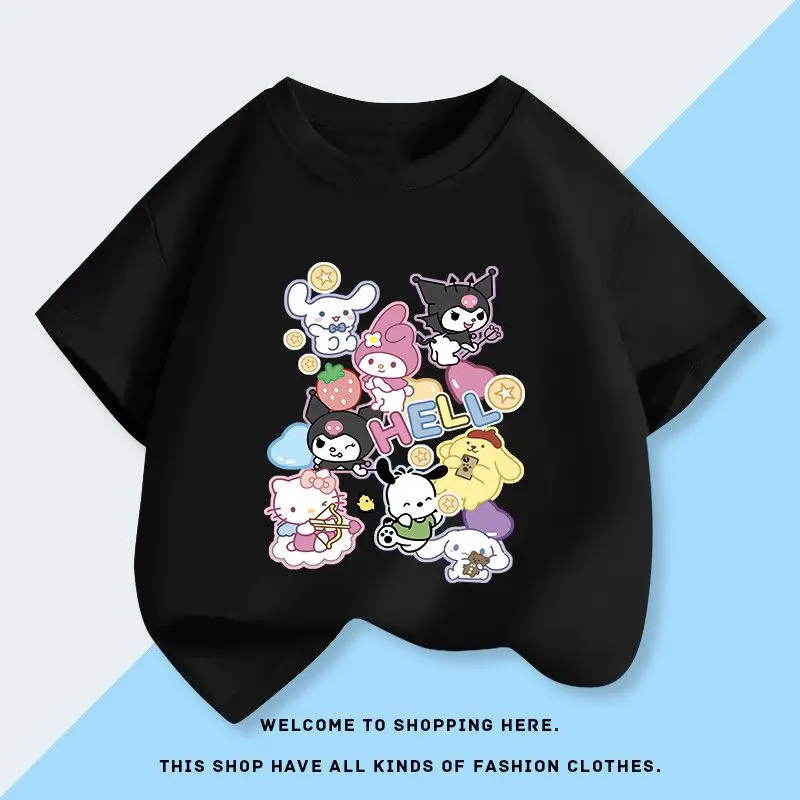 Kuromi Cinnamoroll เสื้อยืดเด็กผ้าฝ้ายอะนิเมะ sanrios Hello kittys My Melody เสื้อพิมพ์ลายการ์ตูนฤดูร้อนแขนสั้นลำลอง