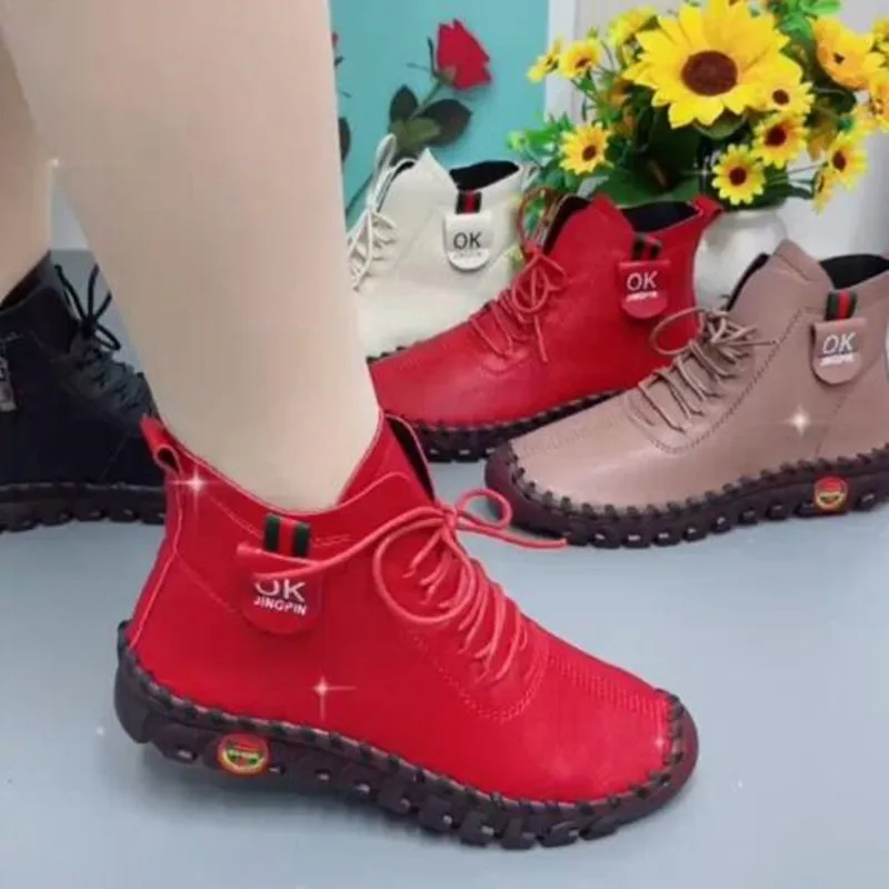 Tênis feminino com renda, sapatilhas casuais, fundo macio, tênis de couro de cano alto, mocassins femininos, botas sólidas, novo, outono, 2024