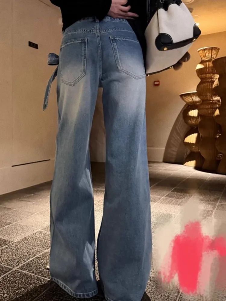 Spring New Office Ladies Diamond Shiny Bowknot Jeans Fashion Loose Straight-leg Wide Leg Denim Trousers Full Length Women Pant