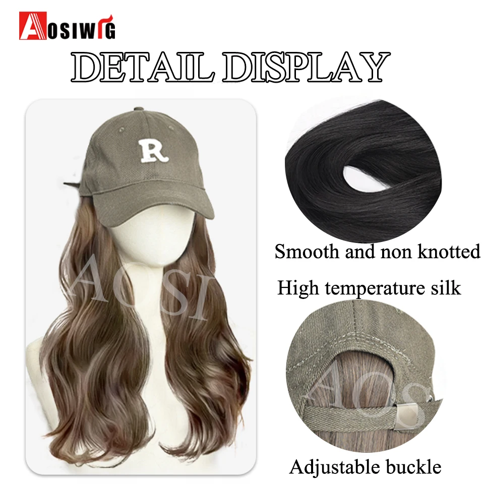 AOSI 16Inch Long Wavy Wig Synthetic Wig Baseball Cap Extensions Hat Wigs Cold Brown Adjustable Hairpiece for Women Daily Wear