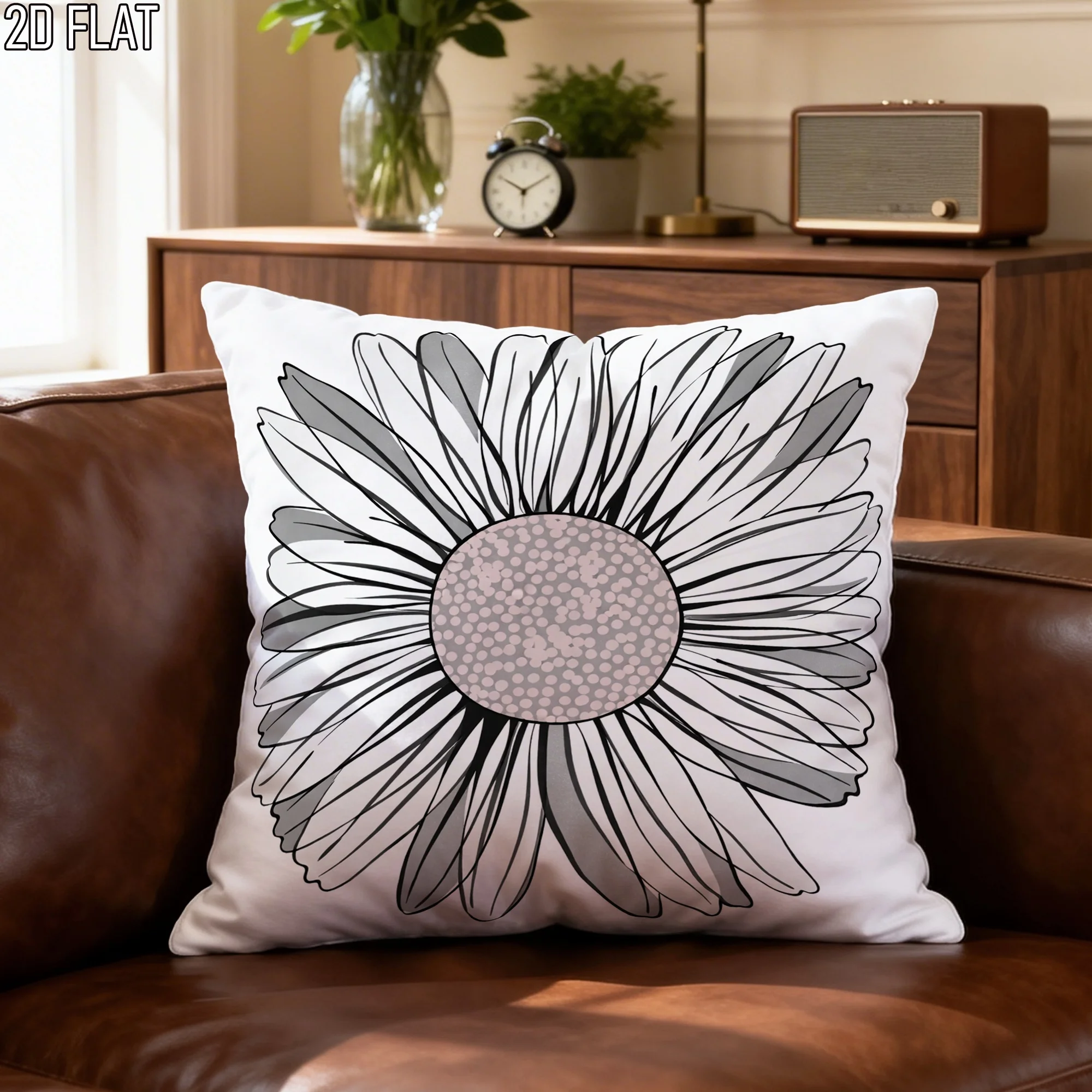 Minimalist Daisy Pillow Cover Black White Gray with Peach Dot Center 16x16 Inch Square Modern Home Decor