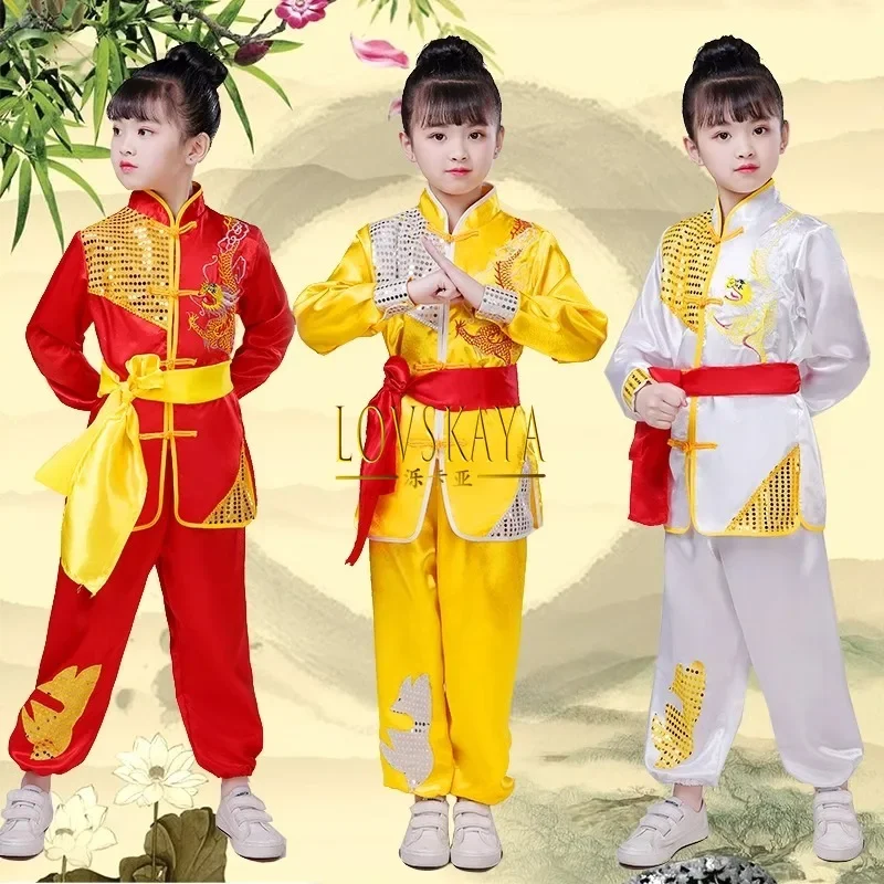 Children sequin martial arts costumes performance Kung Fu Tai Chi costumes drumming dragon performance costumes