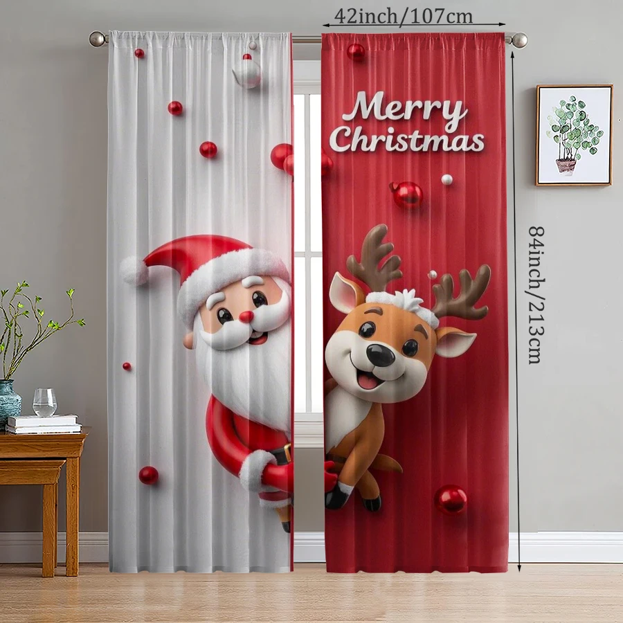 

2pcs- Christmas Santa Claus Christmas tree pattern printed curtains, Christmas decorations, home decorations, room decorations